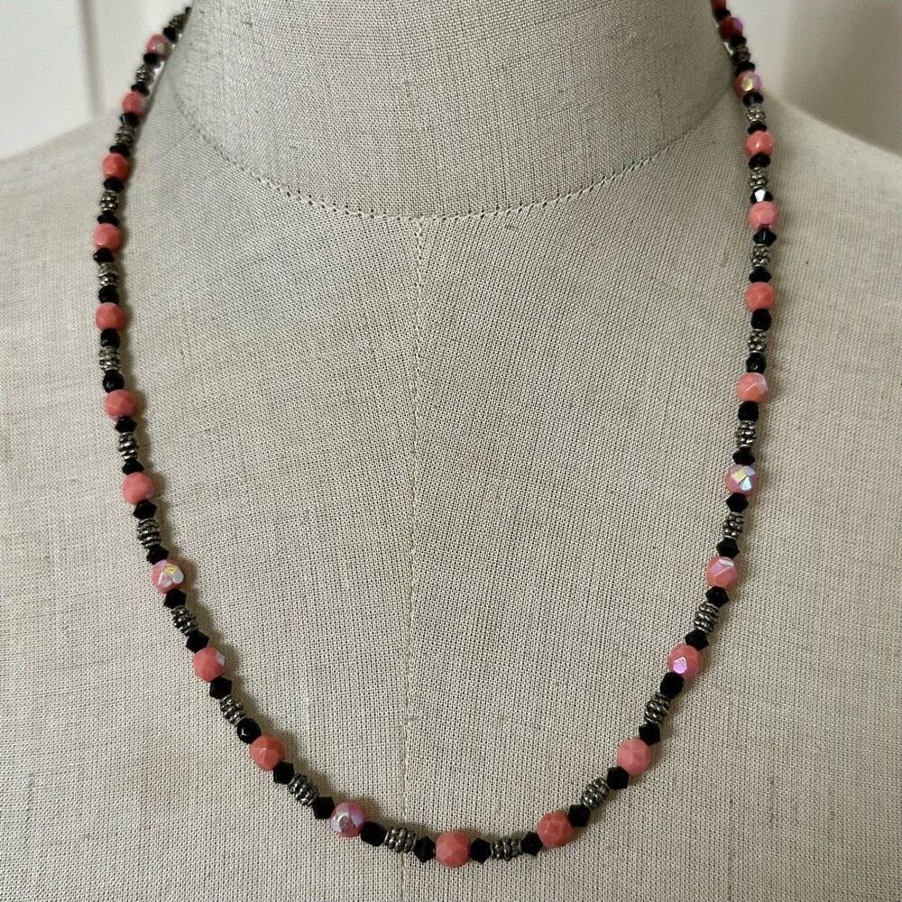 Pink black and silver beaded necklace